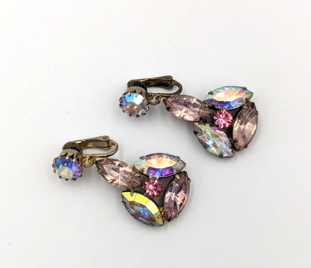 Aurora Borealis Crystals Rhinestones Clip On Earrings AB Vintage Unmarked Dangle