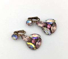 Aurora Borealis Crystals Rhinestones Clip On Earrings AB Vintage Unmarked Dangle