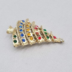 Vintage Rhinestone Christmas Tree Brooch Pin Multicolor Goldtone Festive Holiday