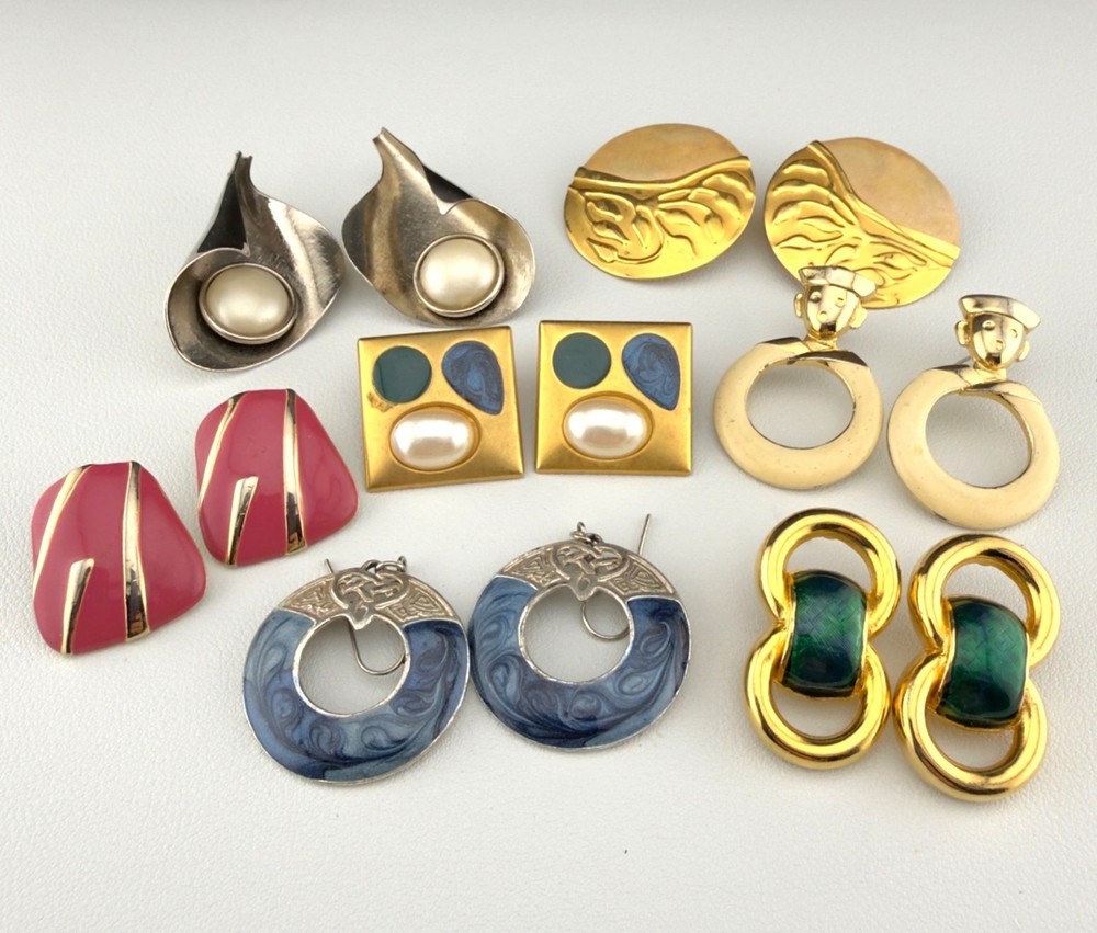 Vintage Enamel Retro 80s 90s Earring Lot Pierced Gold Tone Silver Tone