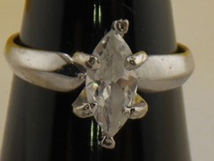 10mm Marquise Cut White Glass Prong Setting on 925 Sterling Vintage Ring Size 7
