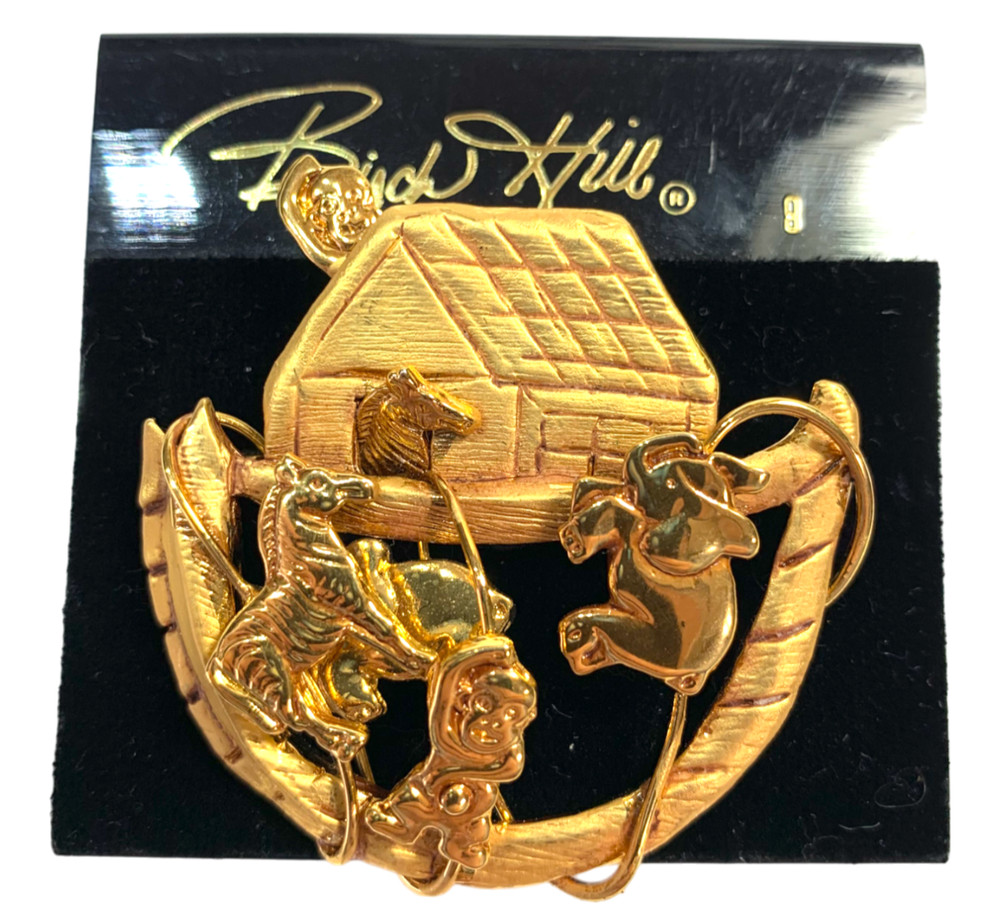 Birch Hill Gold Noah’s Ark Brooch New on Card Dangling Animal Boat Pin