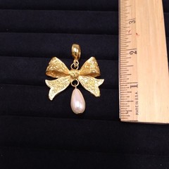 Dauplaise Gold Tone Bow Pendant with Faux Pearl Dangle (No Chain)