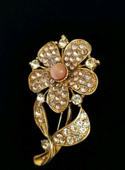 Vtg English Rose Rhinestone Brooch/Pin Pink/ Faux Pink Corral Gold Tone Beautifu