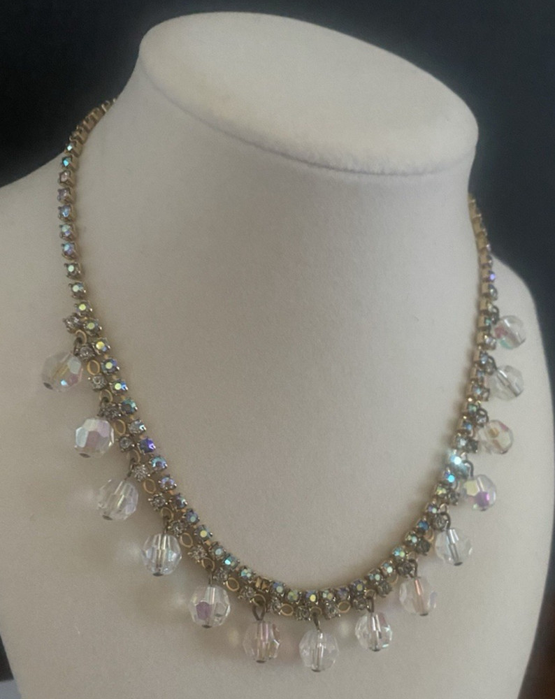 VTG1960’s Gold Tone Chain W/Clear AB Glass Beads/Rhinestone Choker Necklace-15″