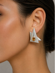 VINTAGE LES BERNARD STERLING SILVER & AMBER STONE GEOMETRIC PIERCED EARRINGS