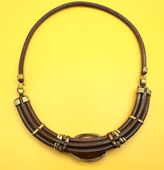 Antique Gold Tone Leather & Oval Brown Stone Choker Necklace Vintage