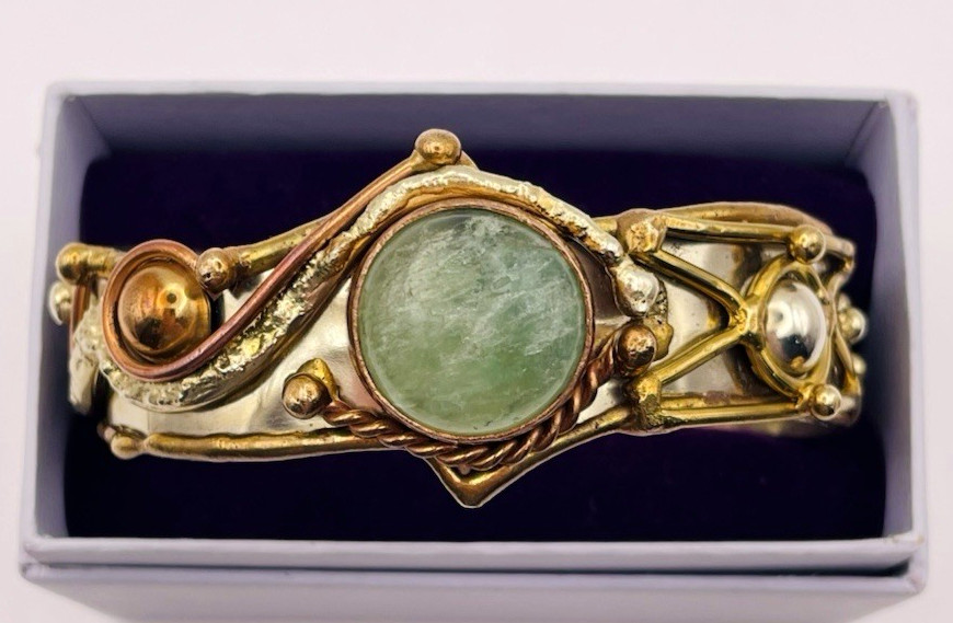 Vintage Mixed Metals Flourite Cabochon Cuff Bracelet