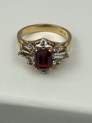Vintage Ruby Red CZ Ring 18K GE Gold Electroplate Size 5 – Missing Stone