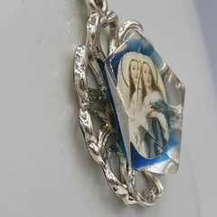 Vintage Virgin Mary Lucite Pendant Necklace Blue Faceted Religious Medal 18”