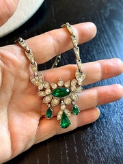 Beautiful Antique Vintage ORA 1930’s Necklace Earrings Emerald Rhinestones