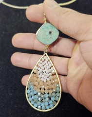 Goldtone Chain Necklace w/ Drop Large Pendant Multicolor Stones 29in- S88