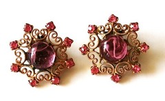 Vintage Weiss Signed Earrings Cip On Pink Rhinestone Filigree