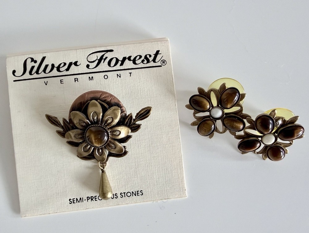 Vintage Set Of Signed SILVER FOREST Brooch Pin & Matching Earrings 80s/90s Rare