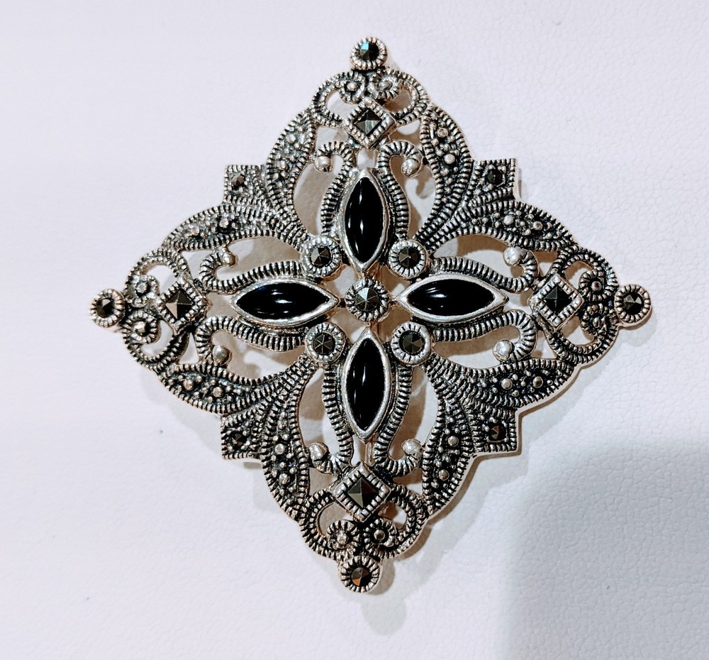 Sterling Silver and Marcasite Black Onyx Pin/Brooch Vintage