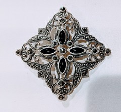 Sterling Silver and Marcasite Black Onyx Pin/Brooch Vintage