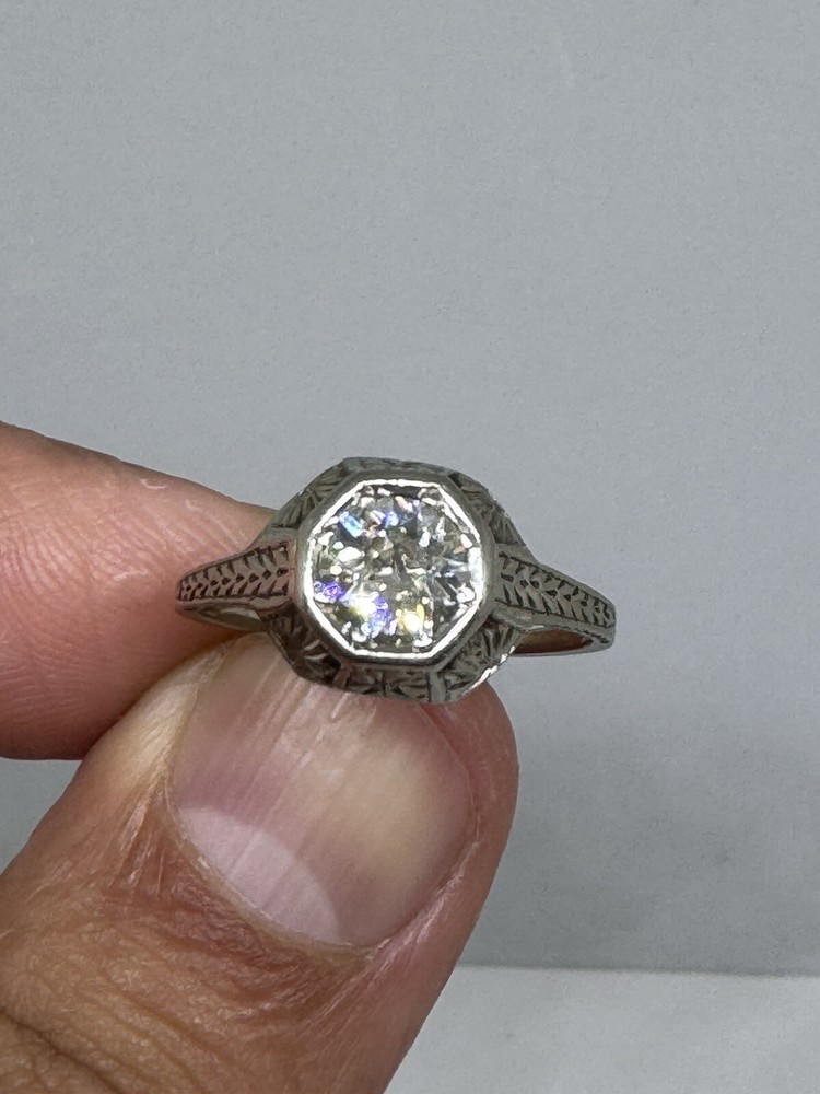 Belais Antique Art Deco 1.02 Ct Solitaire Diamond 18K White Gold Ring Sz 7.25