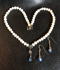 Vintage Cultured Pearl Blue Crystal Lavaliere Y Drop Necklace +925 Earrings 6125