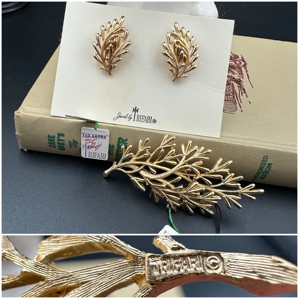 NWT VTG 1950s-1960s CROWN TRIFARI Gold-tone Branch Brooch Earrings Set Jewelry