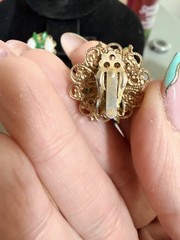Vintage Rare White And Green Cabochon Clip On Earrings Set In Gold Tone