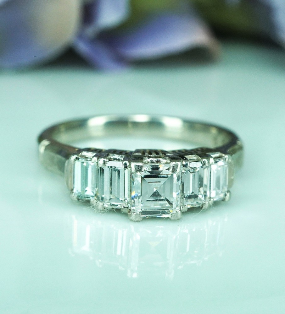 Vintage Natural Asscher Carre Baguette Diamond Platinum Ring Band 5 stone