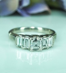 Vintage Natural Asscher Carre Baguette Diamond Platinum Ring Band 5 stone