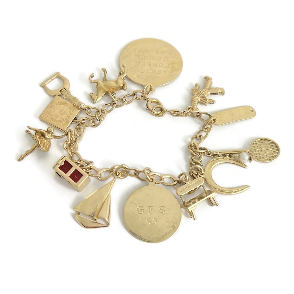 Vintage 1940’s 1950’s Horse Boat Charm Bracelet 14K Yellow Gold, 22.09 Grams