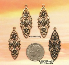 #0189 ANTIQUED GOLD ART NOUVEAU DROP W/TOP HANG RING – 4 Pc Lot