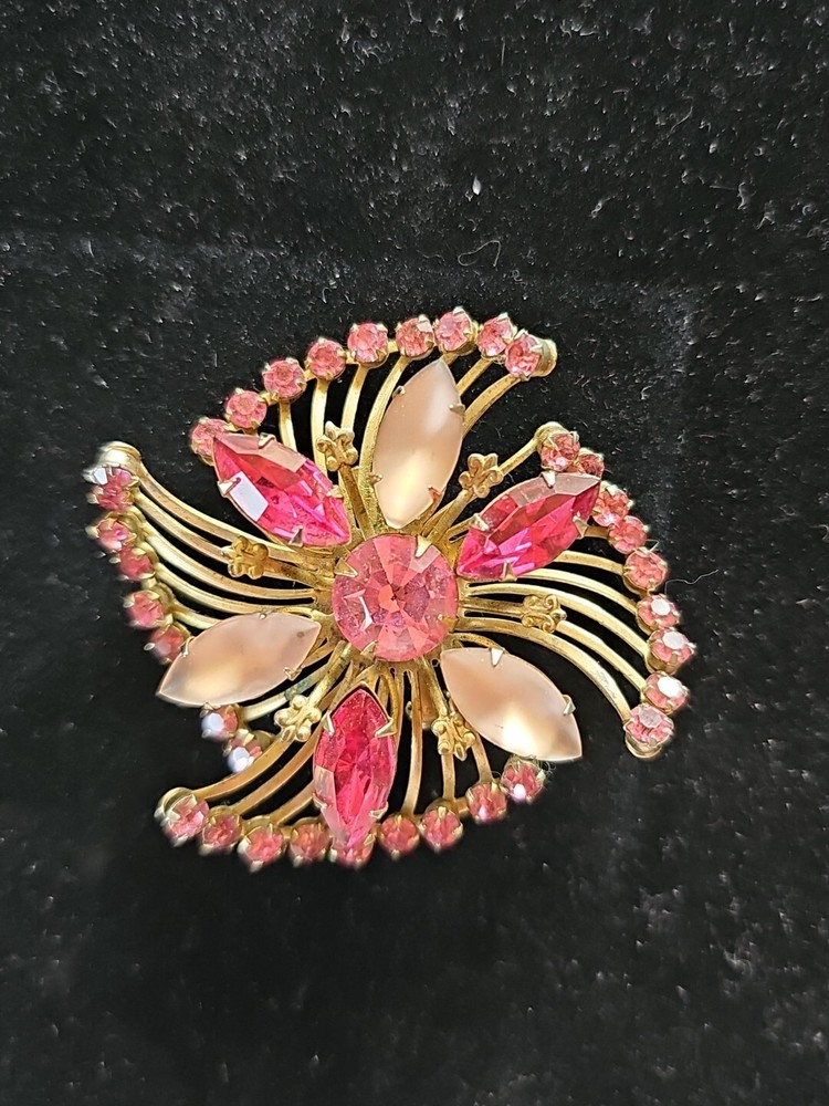 Vintage Prong Set Rhinestone Brooch Pin Pink Opalescent Cabochon Layered