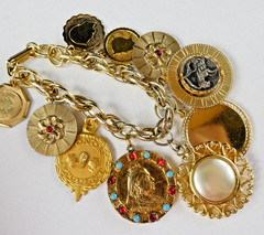 Vintage Heavy Charm Bracelet All Round Charms Gold Plated Engravable Good Luck