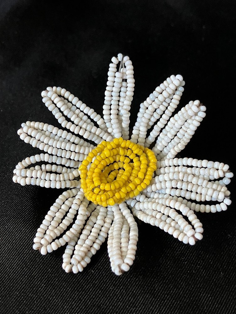 Vintage Miriam Haskell Daisy Brooch Retro Flower Power Wired Glass Seed Bead Pin