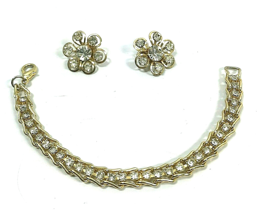Womens Earring & Bracelet Set Clip On Clear Rhinestones Gift Evening Party