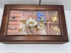 Vintage Gold Tone Jewelry Lot Filled Wood Jewelry Box Necklaces Brooches Gift