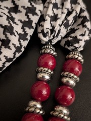 Vintage Houndstooth Scarf Necklace – Chunky Red Beads & Enamel Elephant Pendant