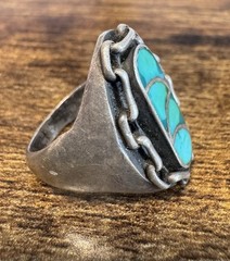Chain Border Silver Turquoise Ring Size 9.75 – Vtg Native American, Signed BQR