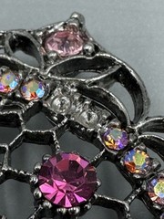 Vintage Pink Black Rhinestone Filigree Brooch Silver Tone Gothic Mandala READ