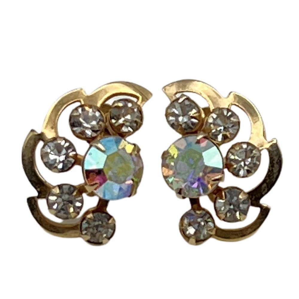Vintage Clear AB Rhinestone Swirl Design Gold Tone Screw Back Earrings