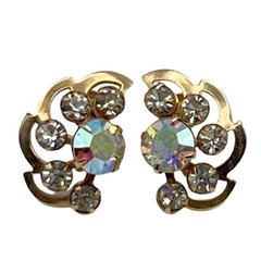 Vintage Clear AB Rhinestone Swirl Design Gold Tone Screw Back Earrings