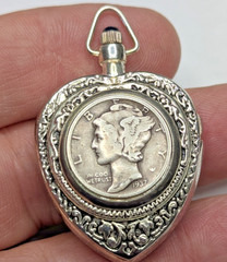 Vintag Victorian Lindenwold Silver Heart Shape Pendant Watch W 1937 Mercury Dime