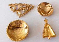 Vintage Brooch Lot of 4 Pins Chunky Gold Tone 1970-80’s