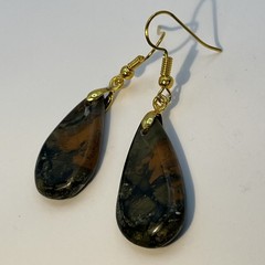 Brachiated Agate Green/Orange Earrings Gold-Plated French Wire Natural Gemstone