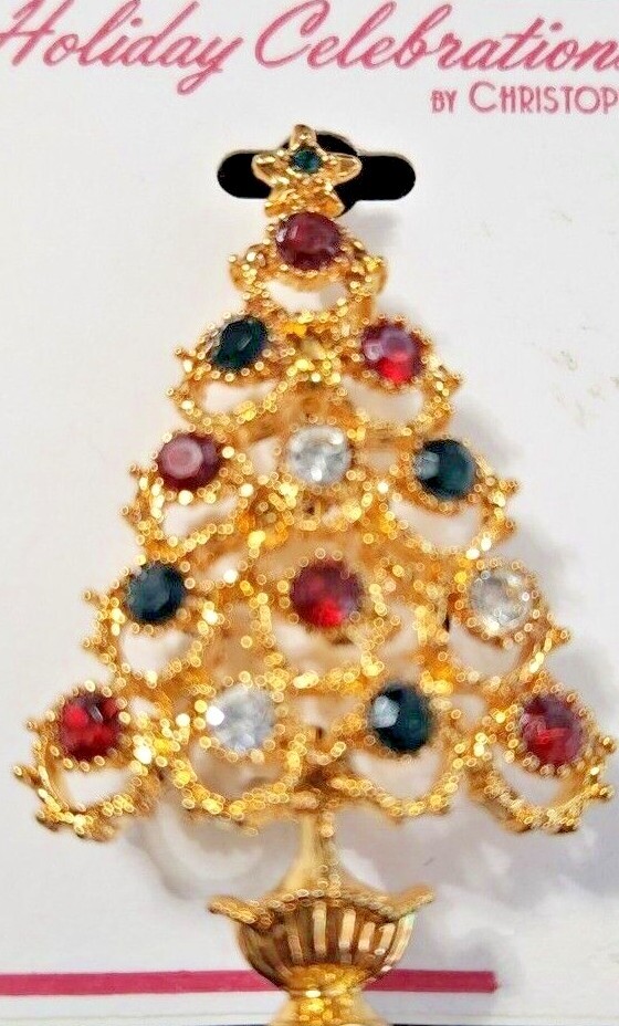 Vintage Jewelry Christopher Radko Christmas pin signed Rhinestone 2.5 in approx