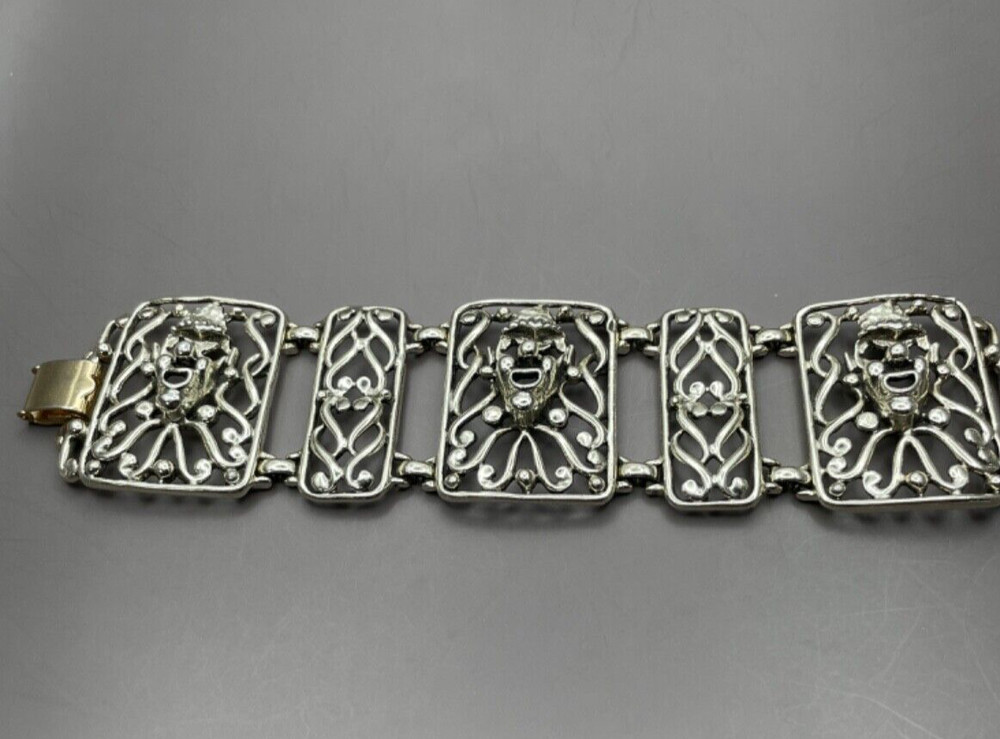 Vintage Selini Panel Bracelet Clown Jester Abstract Modernist Silver Tone 5 Link