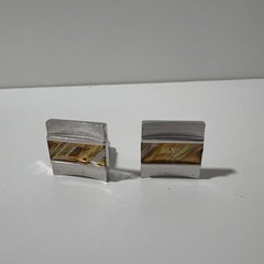 Vintage Anson Silver tone square cufflinks w mixed metal rectangle bullet back