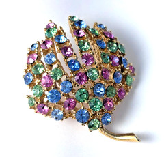 Vintage Pastel Rhinestone Palm Frond Brooch Pink Blue Green Leaf Pin