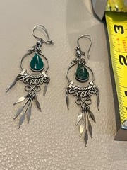 Artisan Dark Green Stone Malachite Tear Drop Silver Tone Metal Spike Earrings