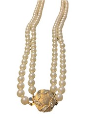 Pearl Necklace Faux Vtg 2 Strand 23” L Leaf Pattern Clasp 5 Missing Rhinestones