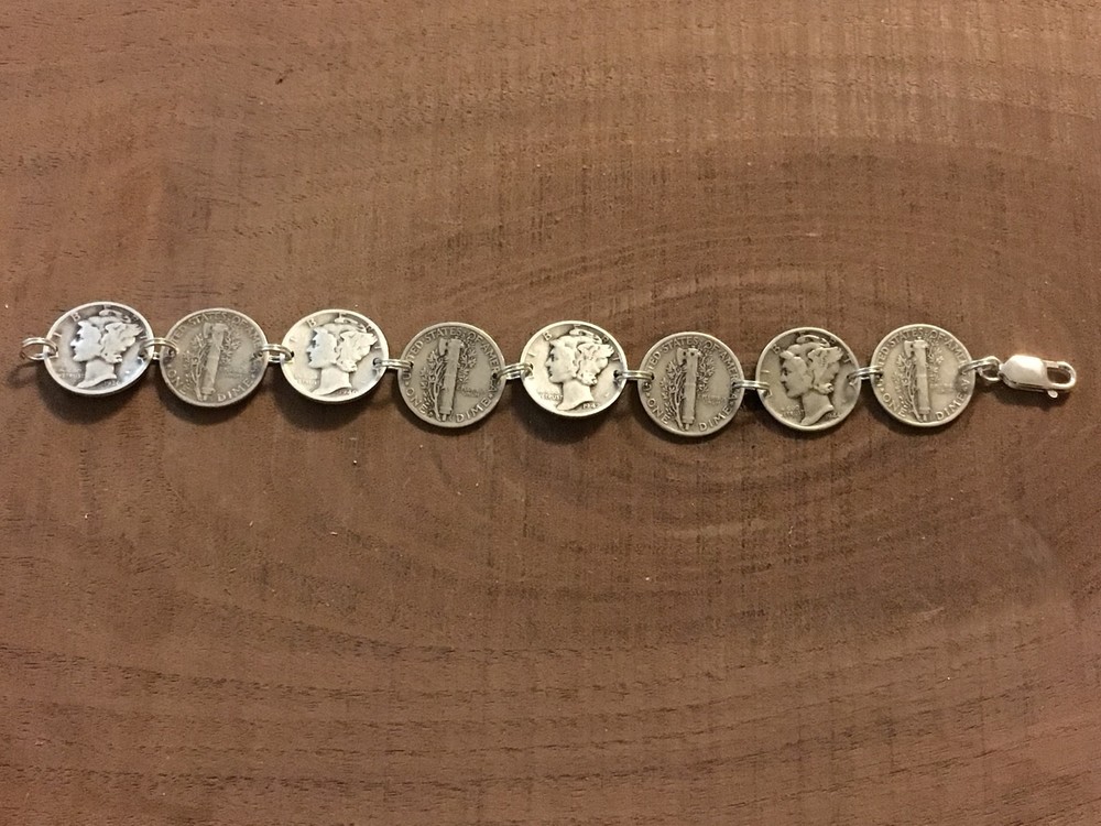 MERCURY DIME Coin Jewelry BRACELET 7.5″ 90% Silver With .925 Links! Obv/Rev