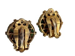 Vintage Peking Glass Earrings Asian Molded Green Faux Jade Flower Floral Round 2