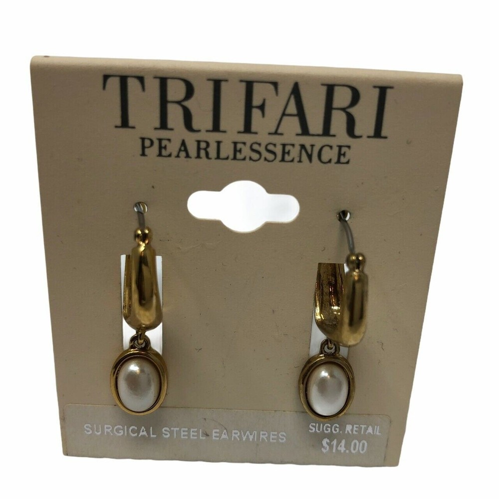 Trifari Womens Earrings Pearlessence Hoop Faux Pearl Goldtone Small Everyday NEW